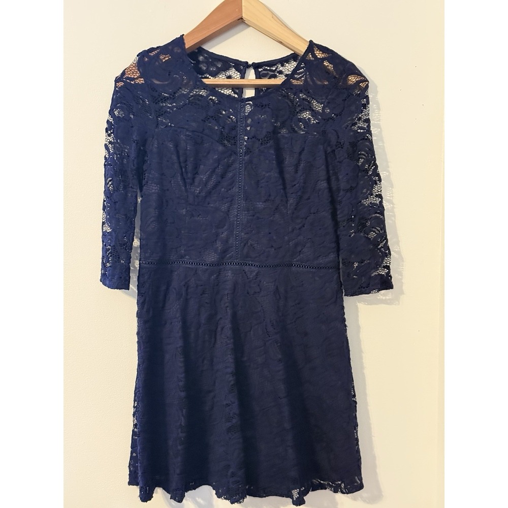 Navy Blue Lace Floral Short Dress‎ Crew Neck 3/4 Sleeve 15 A-Line Cottagecore